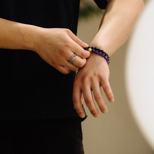 men wearing amethyst bracelet set