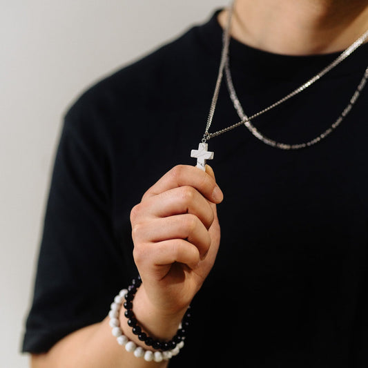 men wearing cross necklace, religious jewelry