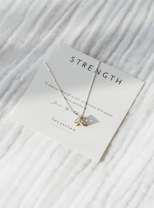 silver geometric triangle necklace with strength quote