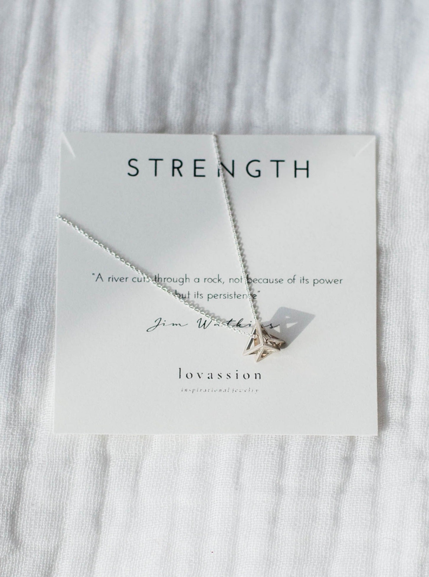 silver geometric triangle necklace with strength quote