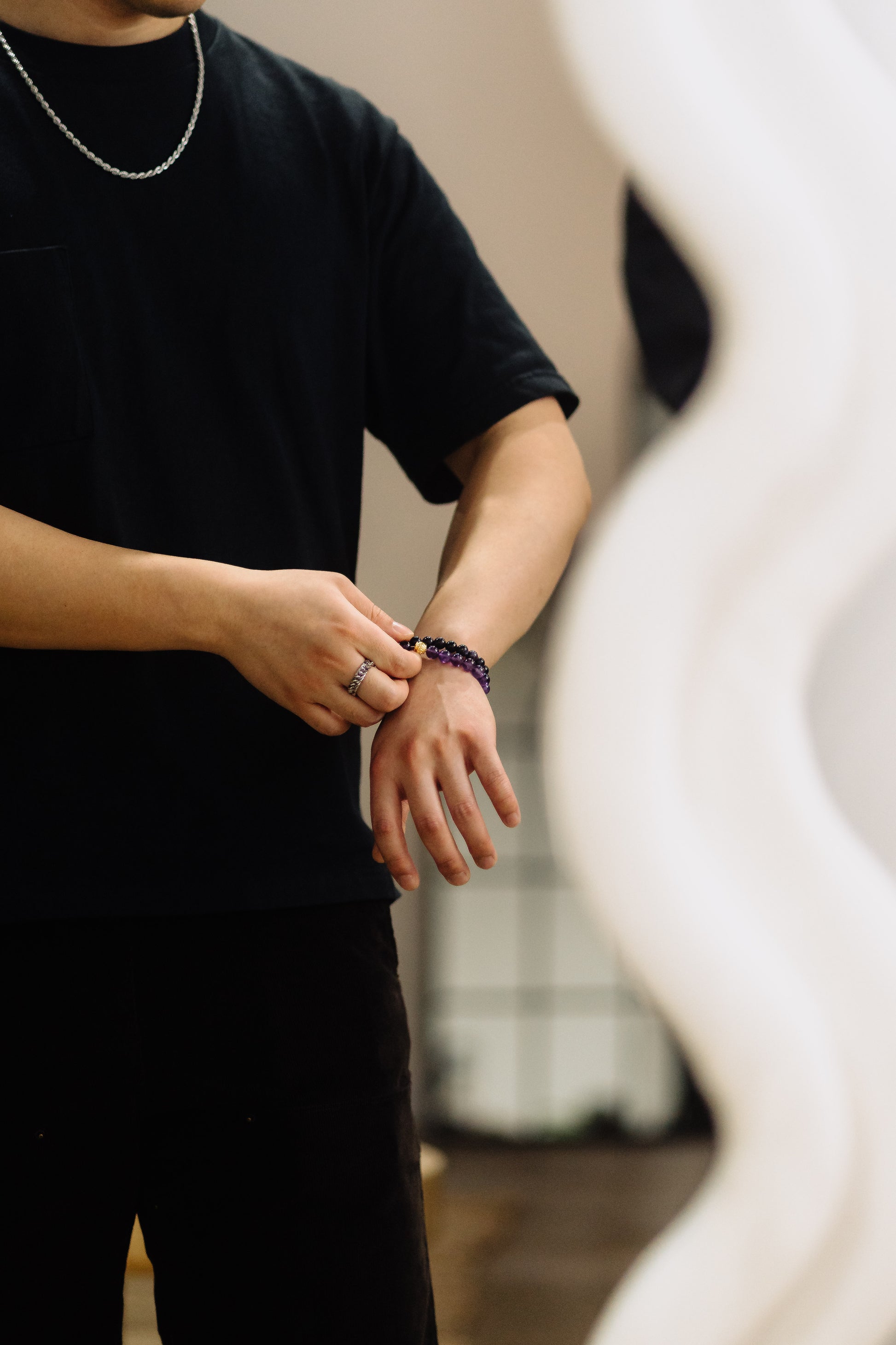 men's gemstone bracelet, amethyst and blue sandstone bracelet set