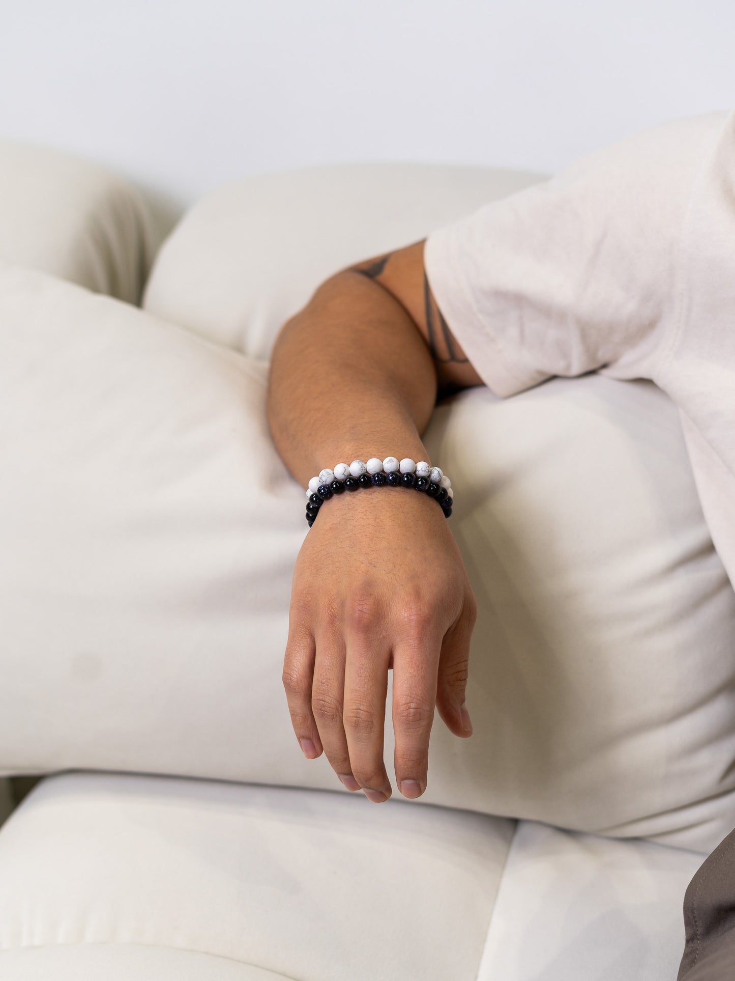 men's howlite bracelet and blue sandstone bracelet