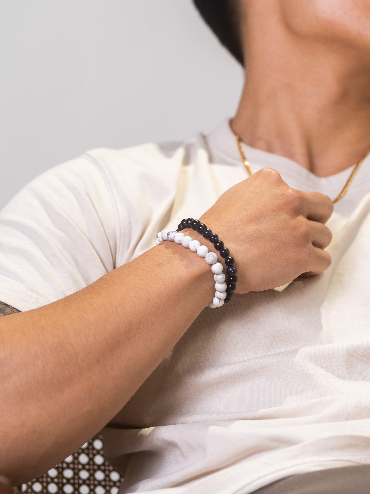 men's howlite bracelet and blue sandstone bracelet