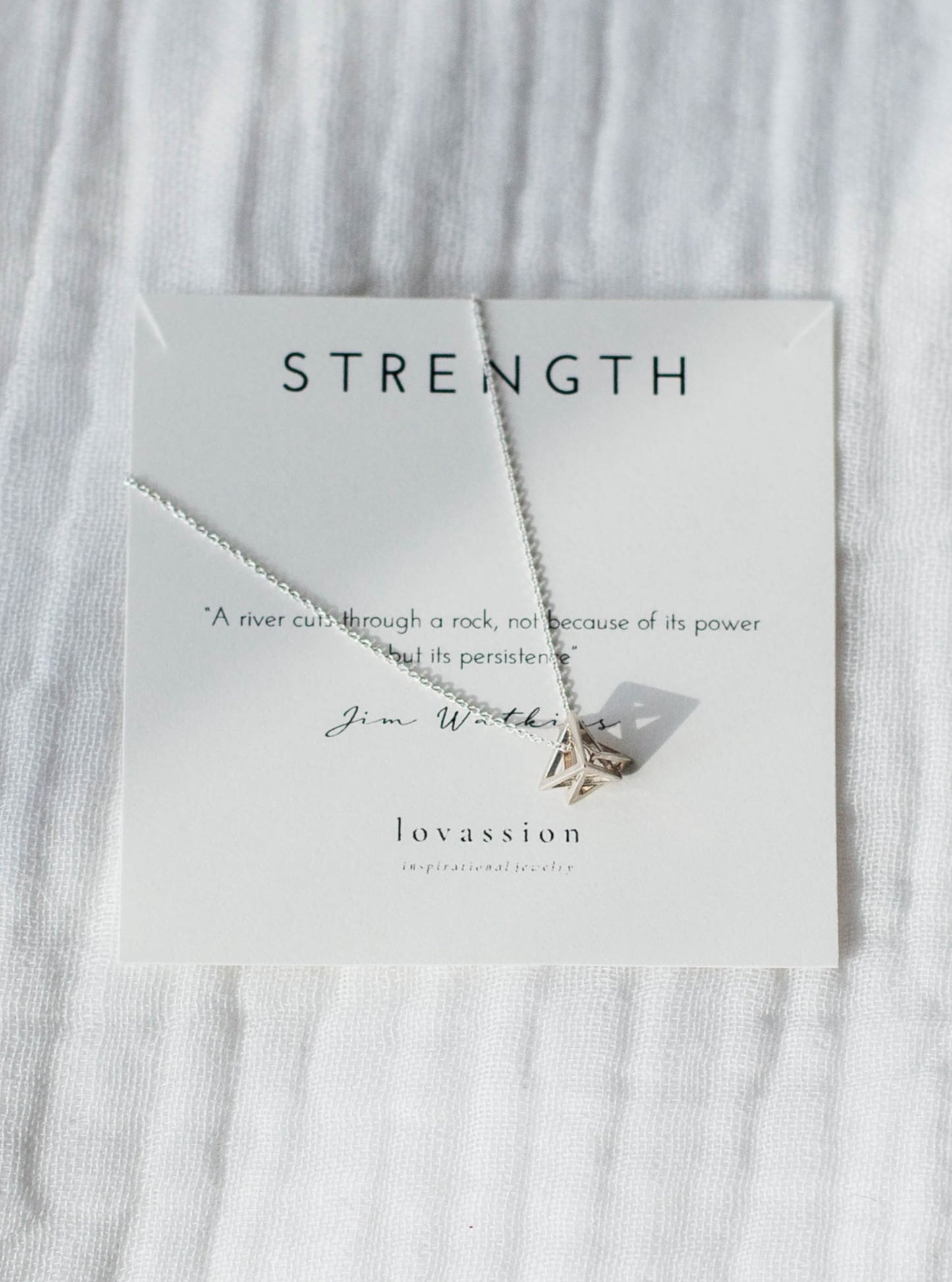 silver geometric triangle necklace with strength quote